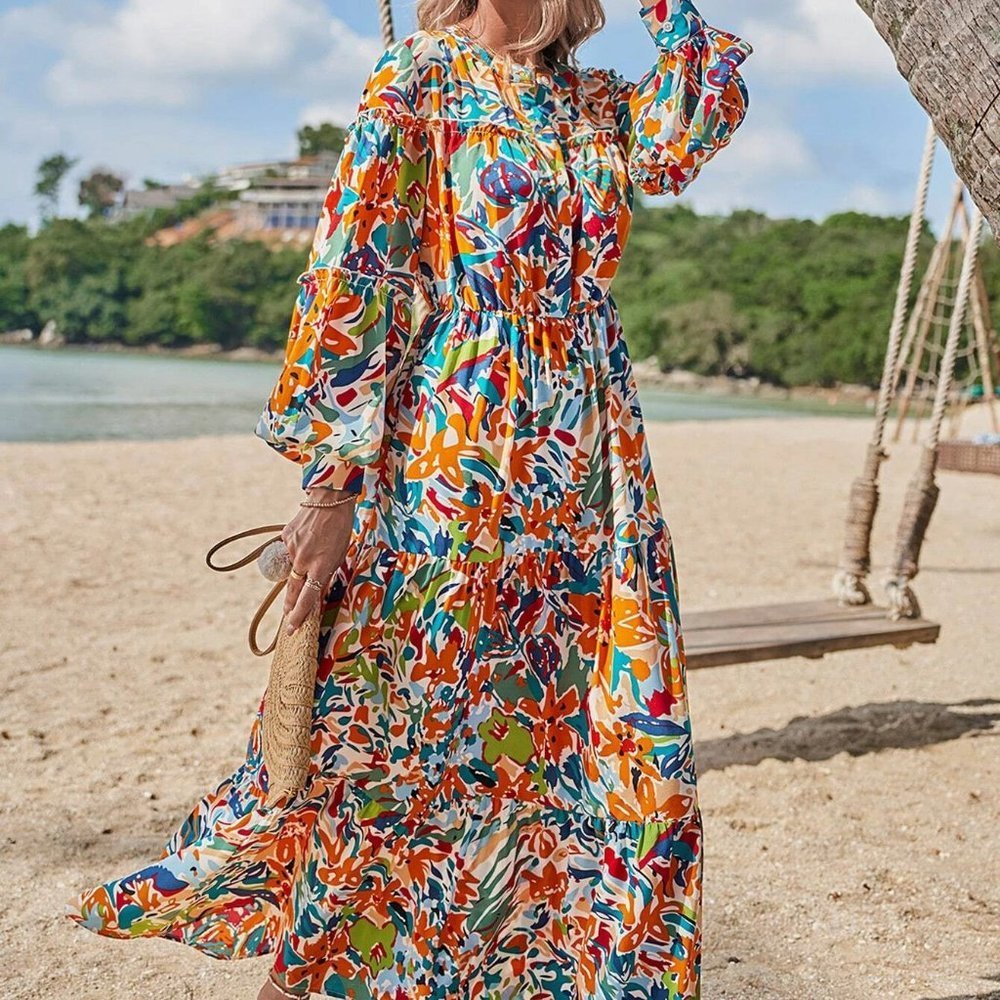 Multicolor Boho Womens Floral Print Lantern Sleeve Dress Without Belt - Picture 3 of 5